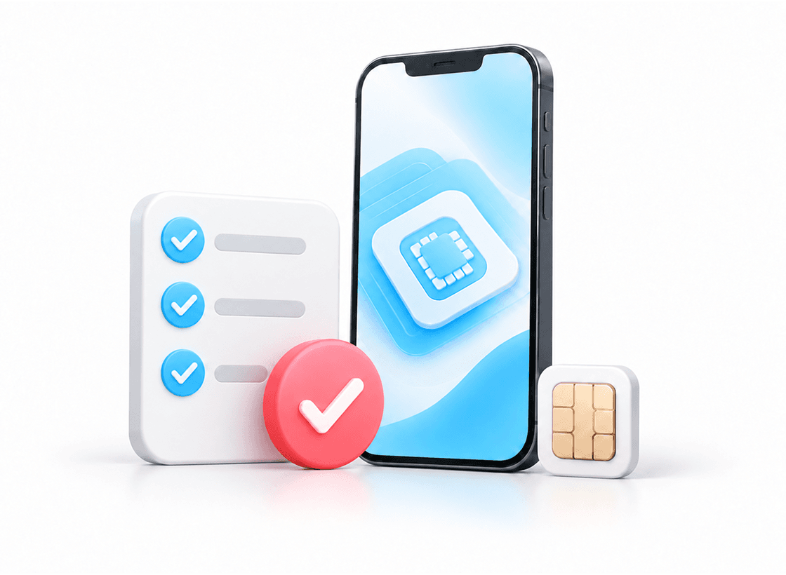 Application checklist, phone with an eSIM chip, and a SIM card