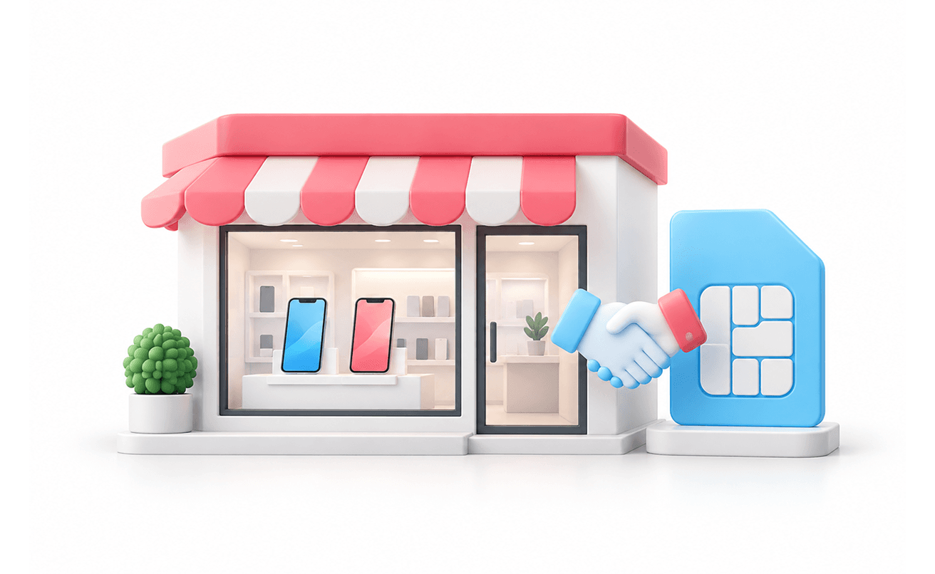 Mobile phone shop with an eSIM card and a handshake