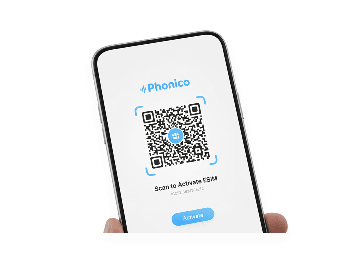 Phone screen showing a QR code to scan and activate a Phonico eSIM